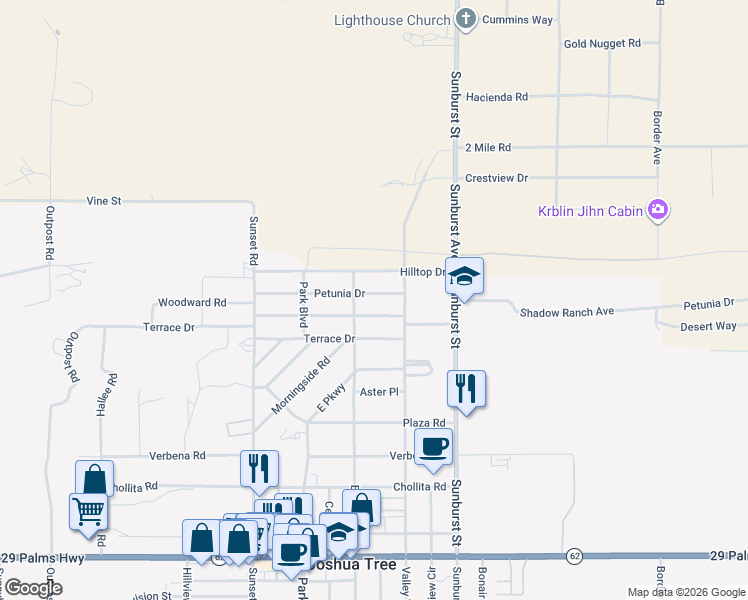 map of restaurants, bars, coffee shops, grocery stores, and more near 61968 Petunia Drive in Joshua Tree