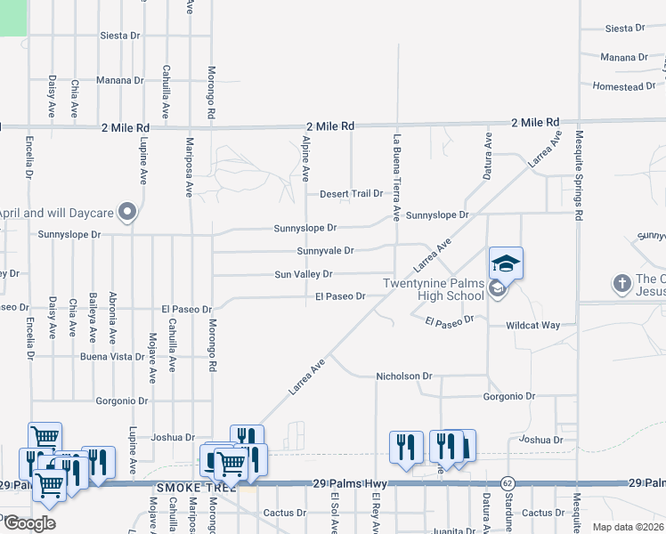 map of restaurants, bars, coffee shops, grocery stores, and more near 72360 Sun Valley Drive in Twentynine Palms