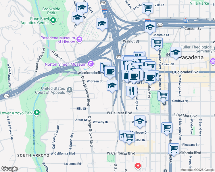 map of restaurants, bars, coffee shops, grocery stores, and more near 330 West Green Street in Pasadena