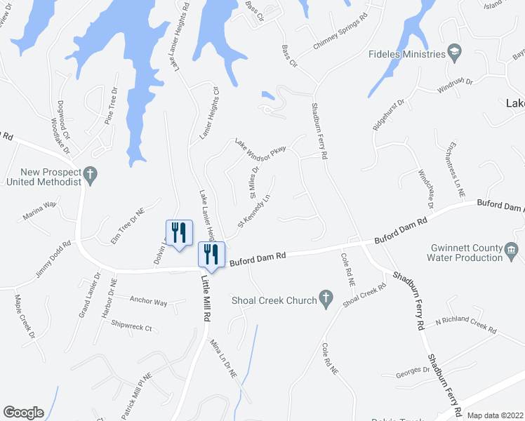 map of restaurants, bars, coffee shops, grocery stores, and more near 2299 Saint Kennedy Lane in Buford