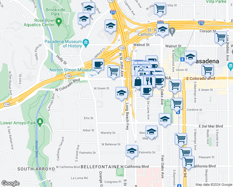 map of restaurants, bars, coffee shops, grocery stores, and more near 332 West Green Street in Pasadena