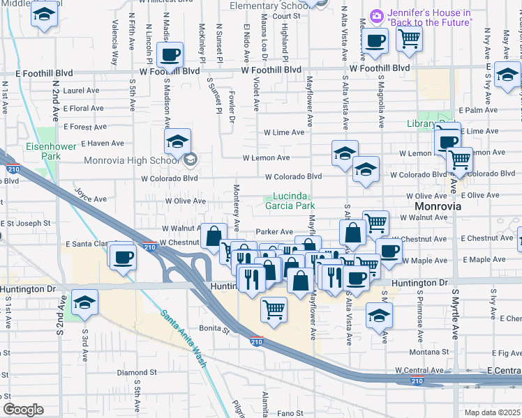 map of restaurants, bars, coffee shops, grocery stores, and more near 634 West Olive Avenue in Monrovia