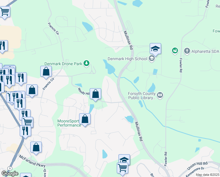 map of restaurants, bars, coffee shops, grocery stores, and more near 154 Windy Hill Court in Alpharetta