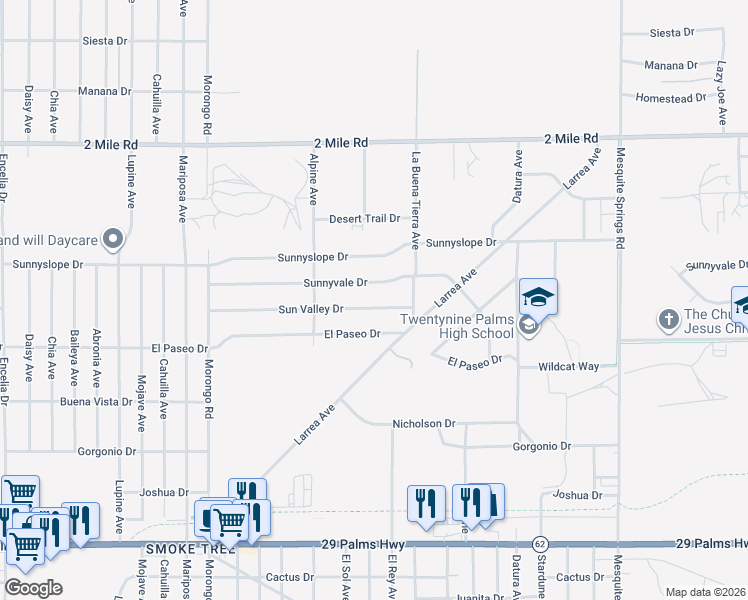map of restaurants, bars, coffee shops, grocery stores, and more near 72426 Sun Valley Drive in Twentynine Palms