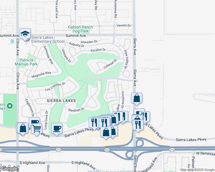 map of restaurants, bars, coffee shops, grocery stores, and more near 6050 Hilton Head Lane in Fontana