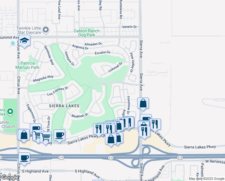 map of restaurants, bars, coffee shops, grocery stores, and more near 6050 Hilton Head Lane in Fontana