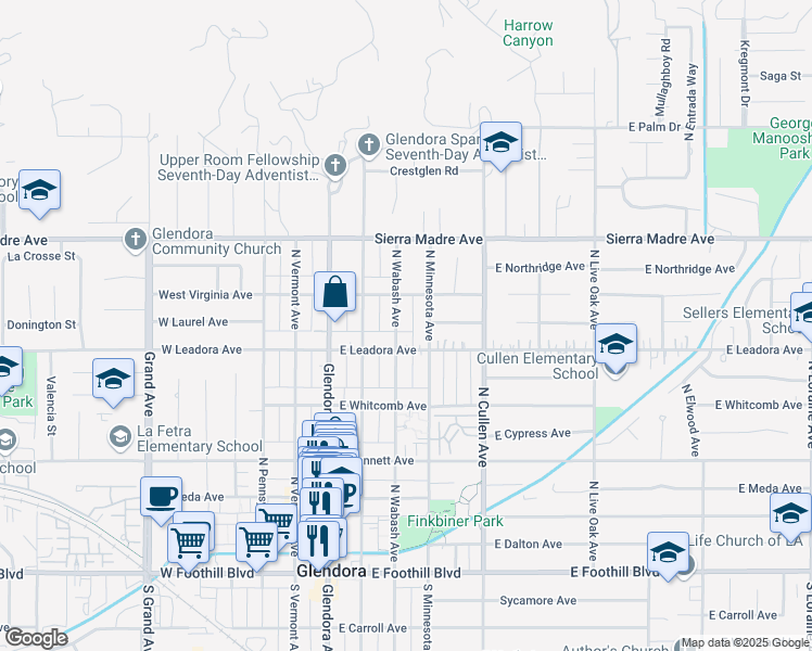 map of restaurants, bars, coffee shops, grocery stores, and more near 530 North Wabash Avenue in Glendora