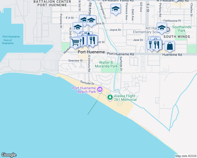 map of restaurants, bars, coffee shops, grocery stores, and more near in Naval Air Station Point Mugu