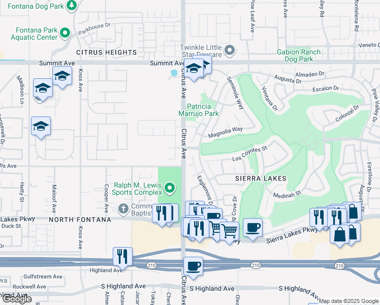 map of restaurants, bars, coffee shops, grocery stores, and more near 6046 Eaglemont Drive in Fontana