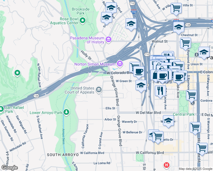 map of restaurants, bars, coffee shops, grocery stores, and more near 80 South Grand Avenue in Pasadena