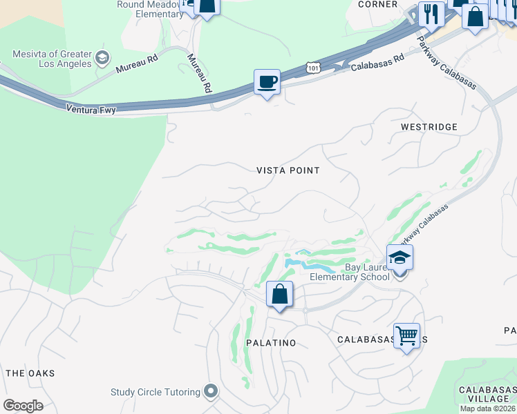 map of restaurants, bars, coffee shops, grocery stores, and more near 24412 Voltara Court in Calabasas