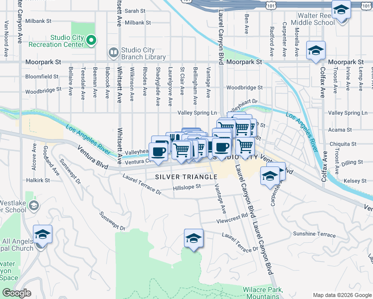 map of restaurants, bars, coffee shops, grocery stores, and more near 12225 Ventura Boulevard in Los Angeles