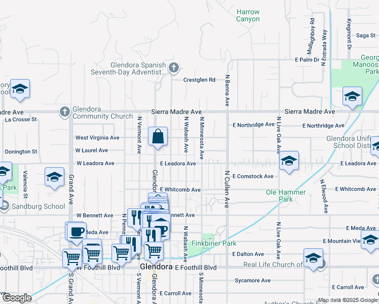 map of restaurants, bars, coffee shops, grocery stores, and more near 530 North Wabash Avenue in Glendora
