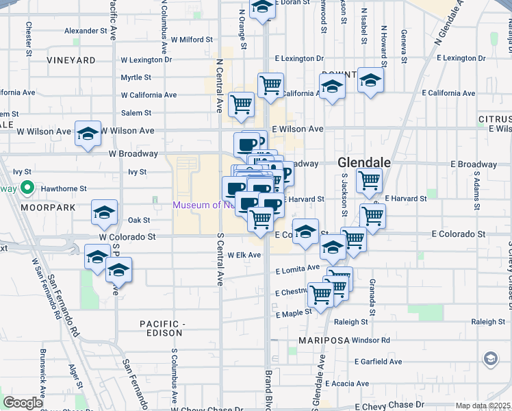 map of restaurants, bars, coffee shops, grocery stores, and more near 722 Americana Way in Glendale
