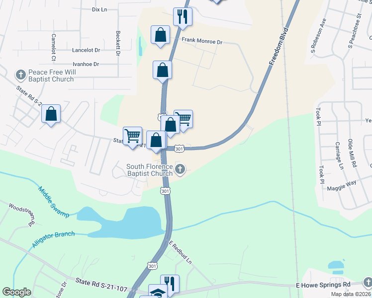 map of restaurants, bars, coffee shops, grocery stores, and more near 2350 Freedom Boulevard in Florence