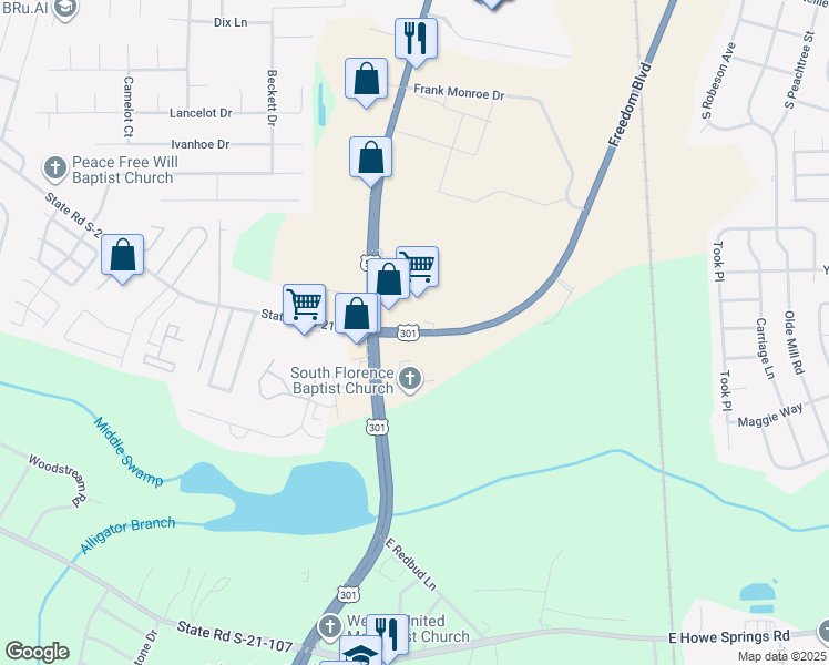 map of restaurants, bars, coffee shops, grocery stores, and more near 2370 Freedom Boulevard in Florence