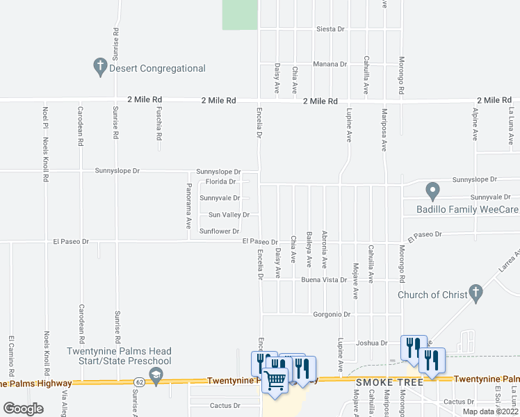 map of restaurants, bars, coffee shops, grocery stores, and more near 6043 Encelia Avenue in Twentynine Palms