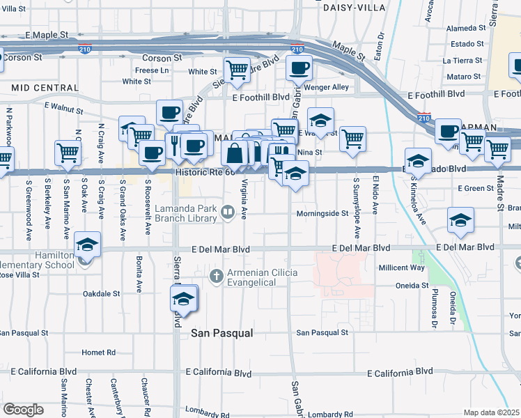 map of restaurants, bars, coffee shops, grocery stores, and more near 2615 Morningside Street in Pasadena