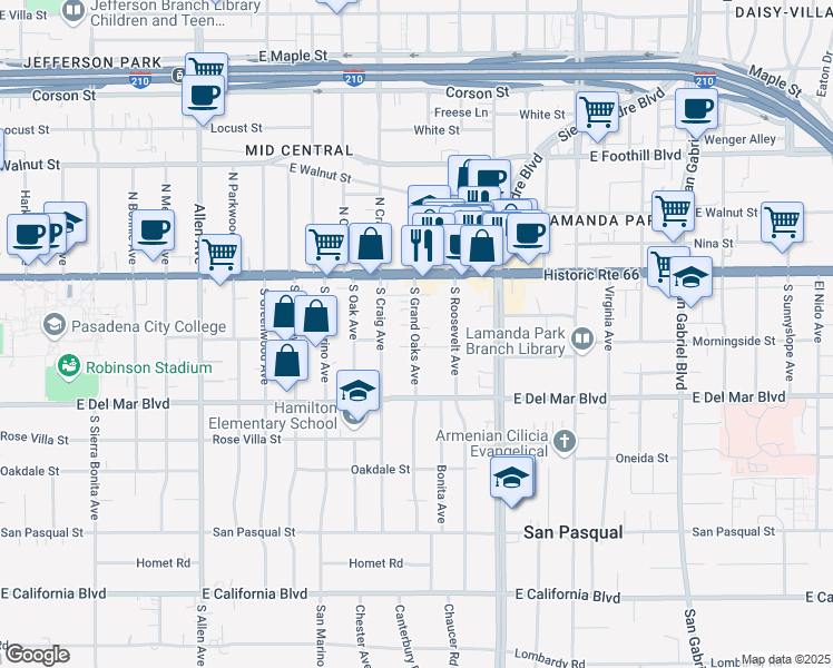 map of restaurants, bars, coffee shops, grocery stores, and more near 100 South Grand Oaks Avenue in Pasadena