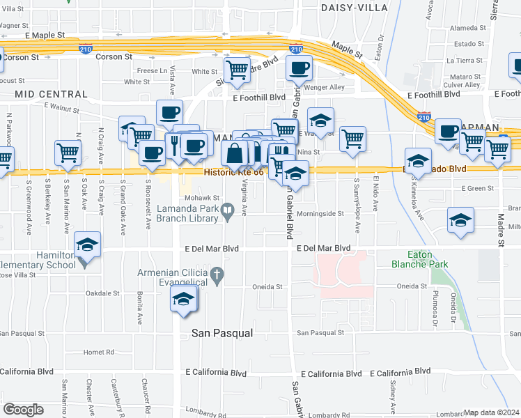 map of restaurants, bars, coffee shops, grocery stores, and more near 2615 Morningside Street in Pasadena