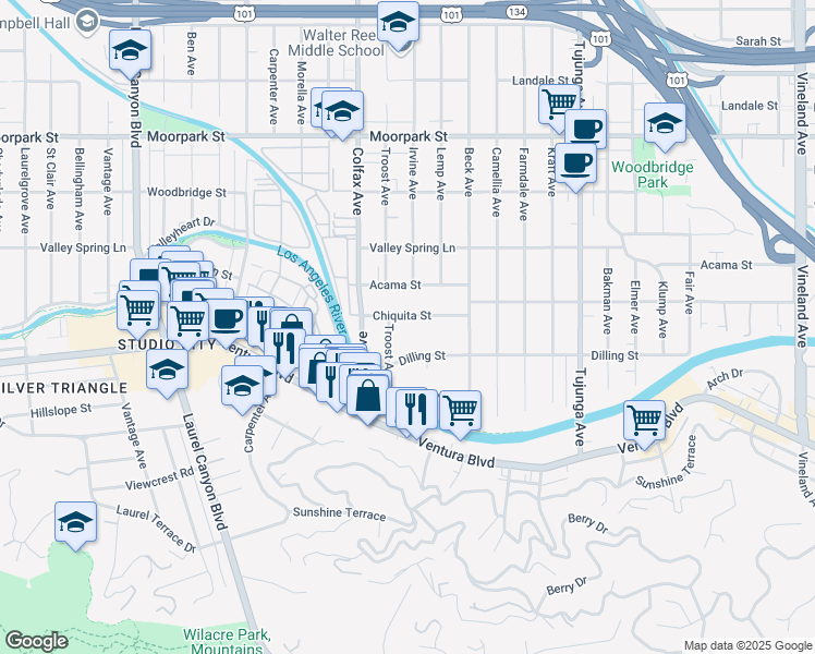 map of restaurants, bars, coffee shops, grocery stores, and more near 11594 Chiquita Street in Los Angeles