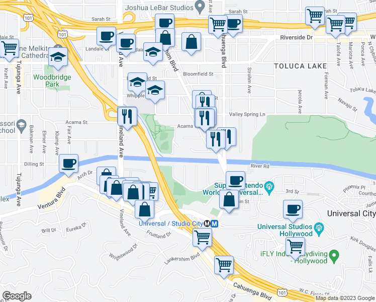 map of restaurants, bars, coffee shops, grocery stores, and more near 10662 Chiquita Street in Los Angeles