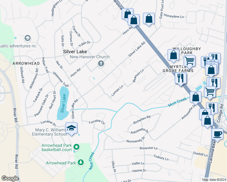 map of restaurants, bars, coffee shops, grocery stores, and more near 1109 Loman Lane in Wilmington