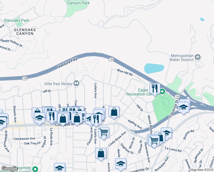 map of restaurants, bars, coffee shops, grocery stores, and more near 5341 Hartwick Street in Los Angeles