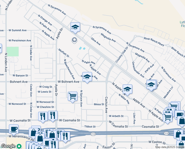 map of restaurants, bars, coffee shops, grocery stores, and more near 2425 North Fillmore Avenue in Rialto