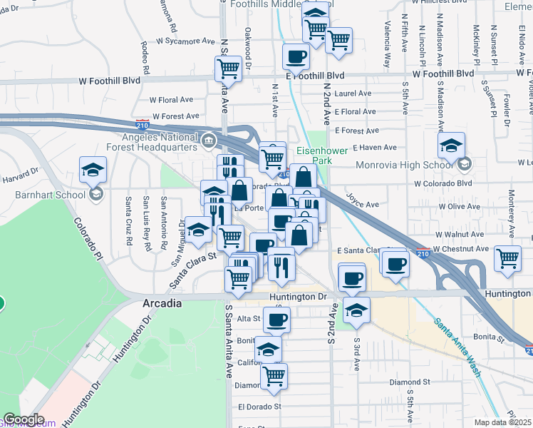 map of restaurants, bars, coffee shops, grocery stores, and more near 56 La Porte Street in Arcadia