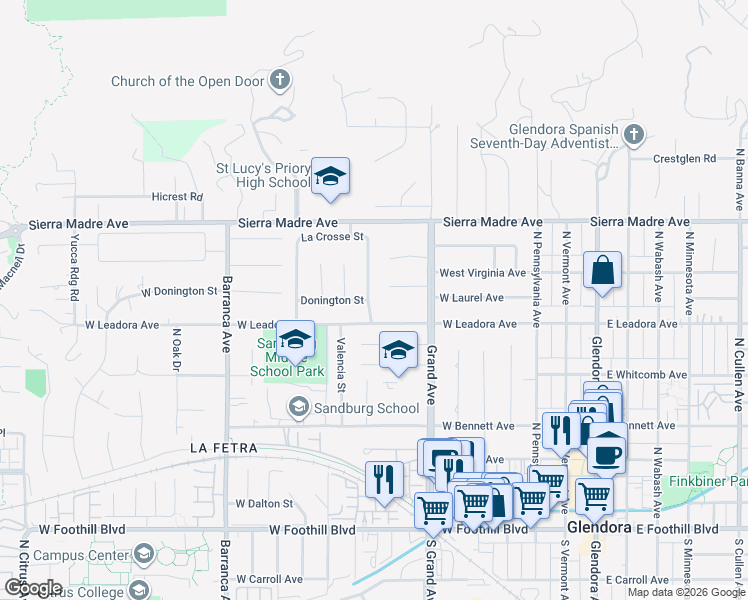 map of restaurants, bars, coffee shops, grocery stores, and more near 530 North Trayer Avenue in Glendora