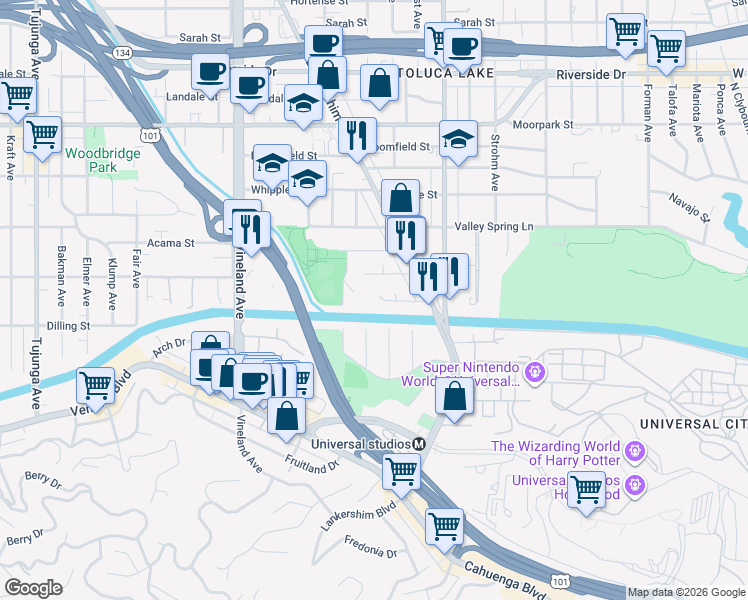 map of restaurants, bars, coffee shops, grocery stores, and more near 10662 Chiquita Street in Los Angeles