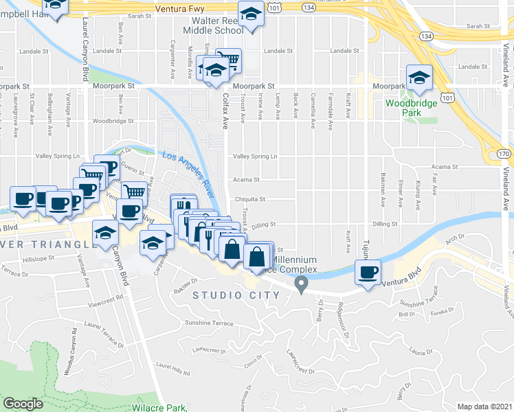 map of restaurants, bars, coffee shops, grocery stores, and more near 11594 Chiquita Street in Los Angeles