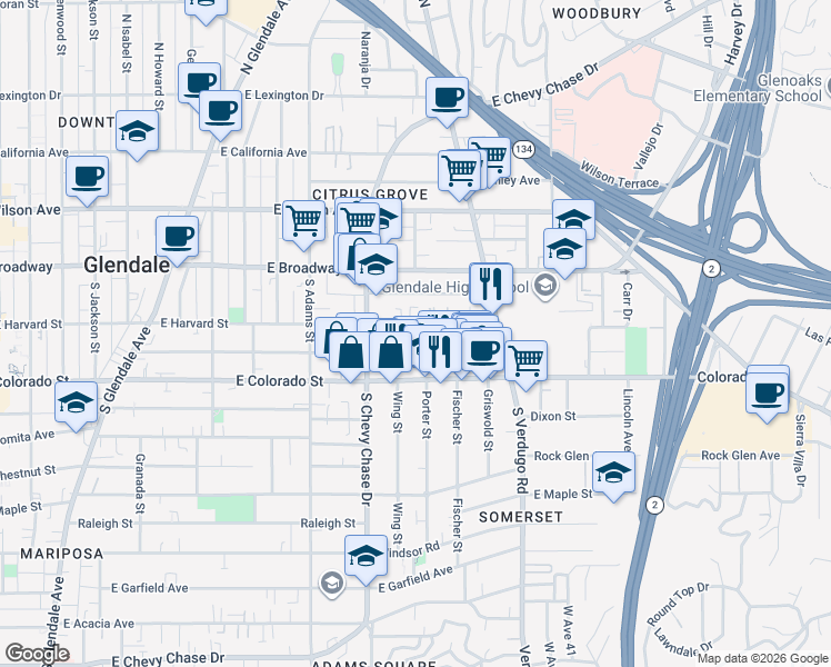 map of restaurants, bars, coffee shops, grocery stores, and more near 1305 East Harvard Street in Glendale