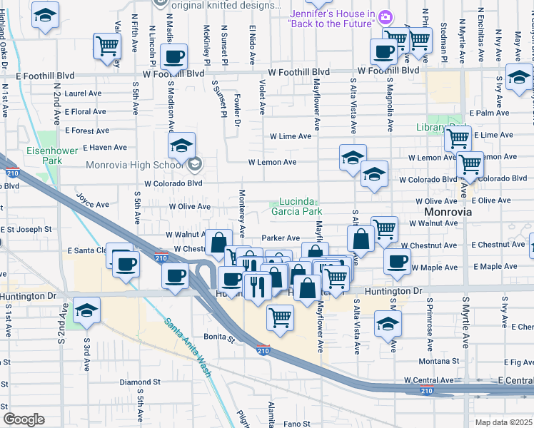 map of restaurants, bars, coffee shops, grocery stores, and more near 634 West Olive Avenue in Monrovia