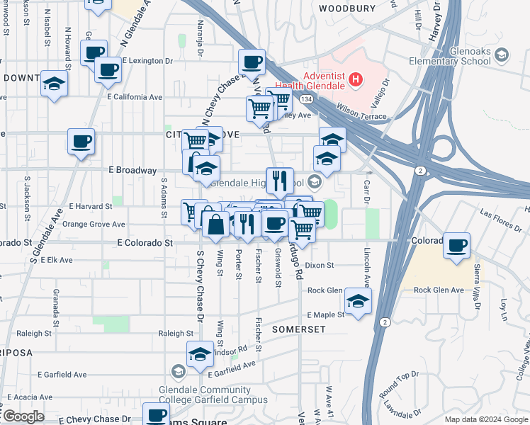 map of restaurants, bars, coffee shops, grocery stores, and more near 1344 East Harvard Street in Glendale
