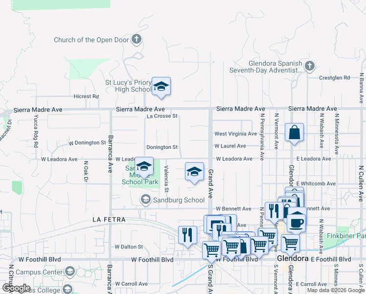map of restaurants, bars, coffee shops, grocery stores, and more near 530 North Trayer Avenue in Glendora