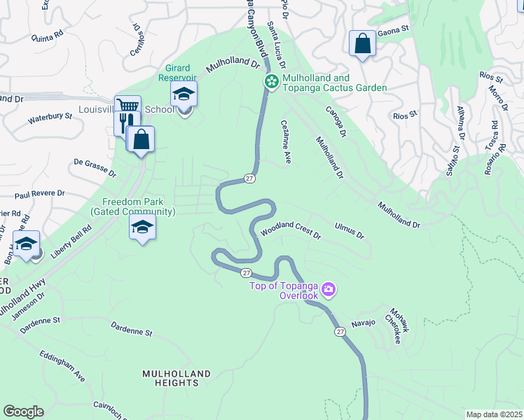 map of restaurants, bars, coffee shops, grocery stores, and more near 4001 California 27 in Topanga