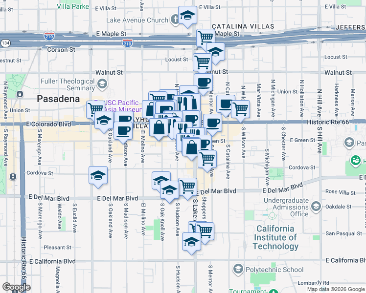 map of restaurants, bars, coffee shops, grocery stores, and more near 840 East Green Street in Pasadena