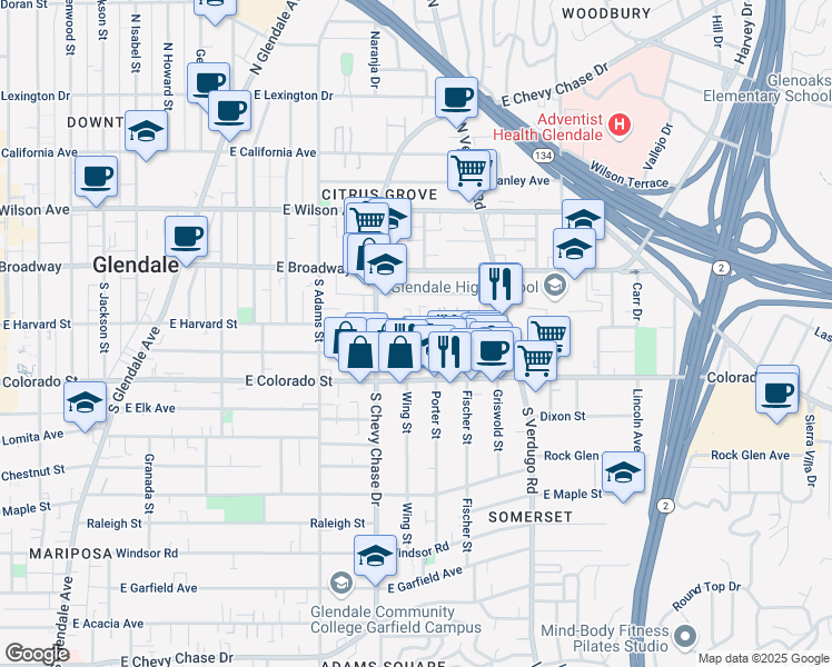 map of restaurants, bars, coffee shops, grocery stores, and more near 1236 East Harvard Street in Glendale
