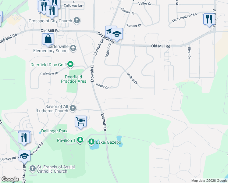 map of restaurants, bars, coffee shops, grocery stores, and more near 108 Maple Drive in Cartersville