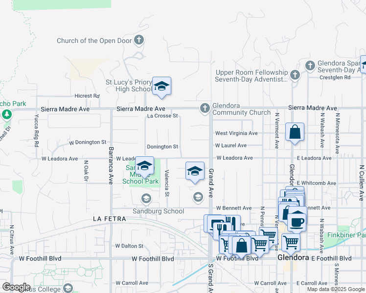 map of restaurants, bars, coffee shops, grocery stores, and more near 530 North Trayer Avenue in Glendora