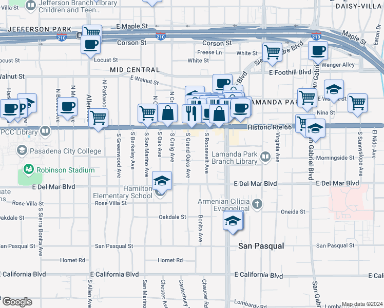 map of restaurants, bars, coffee shops, grocery stores, and more near 100 South Grand Oaks Avenue in Pasadena