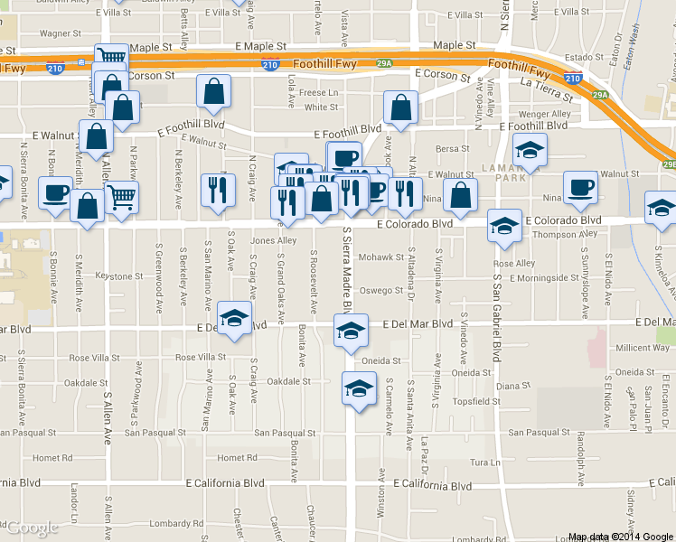 map of restaurants, bars, coffee shops, grocery stores, and more near 90 South Roosevelt Avenue in Pasadena