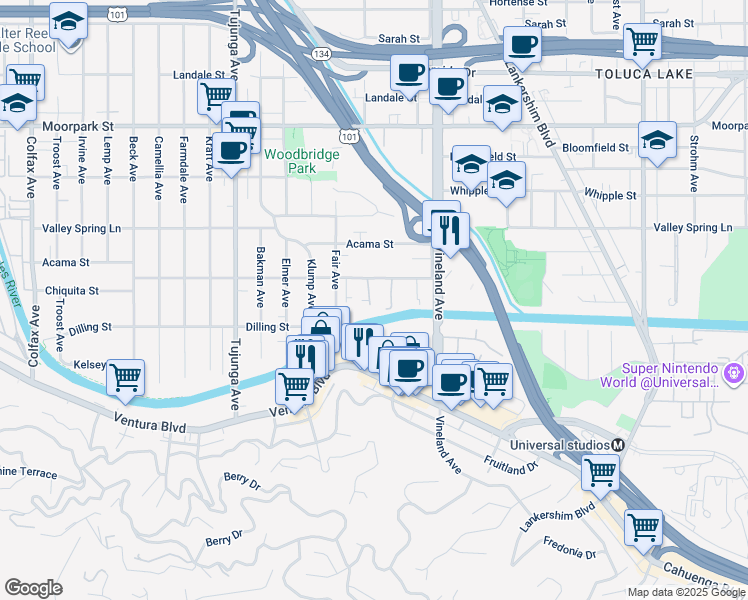 map of restaurants, bars, coffee shops, grocery stores, and more near 11138 Aqua Vista Street in Los Angeles