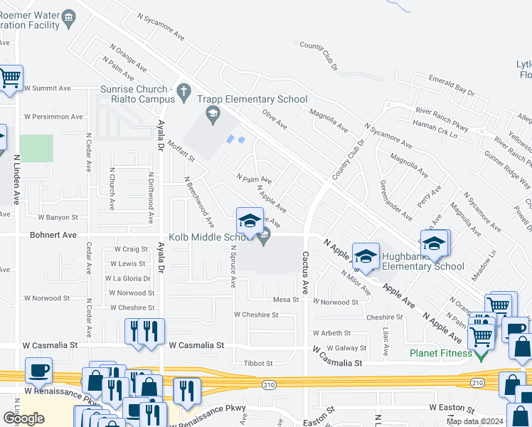 map of restaurants, bars, coffee shops, grocery stores, and more near 2425 North Fillmore Avenue in Rialto
