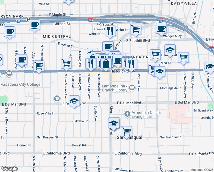 map of restaurants, bars, coffee shops, grocery stores, and more near 107 South Sierra Madre Boulevard in Pasadena