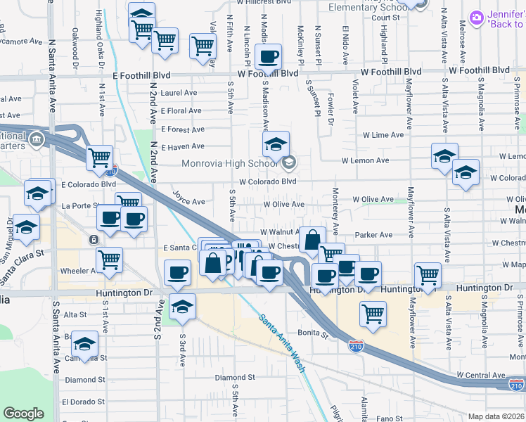 map of restaurants, bars, coffee shops, grocery stores, and more near 902 West Olive Avenue in Monrovia