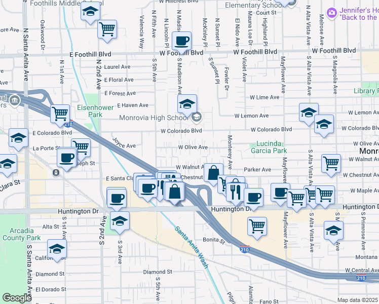 map of restaurants, bars, coffee shops, grocery stores, and more near 856 West Olive Avenue in Monrovia