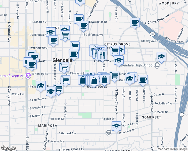 map of restaurants, bars, coffee shops, grocery stores, and more near 910 East Harvard Street in Glendale